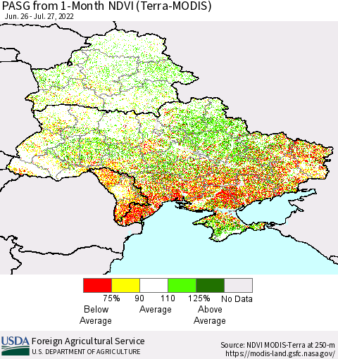 Ukraine, Moldova and Belarus PASG from 1-Month NDVI (Terra-MODIS) Thematic Map For 7/21/2022 - 7/31/2022