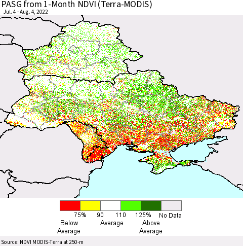 Ukraine, Moldova and Belarus PASG from 1-Month NDVI (Terra-MODIS) Thematic Map For 7/28/2022 - 8/4/2022