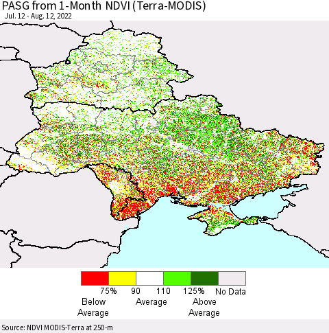 Ukraine, Moldova and Belarus PASG from 1-Month NDVI (Terra-MODIS) Thematic Map For 8/5/2022 - 8/12/2022