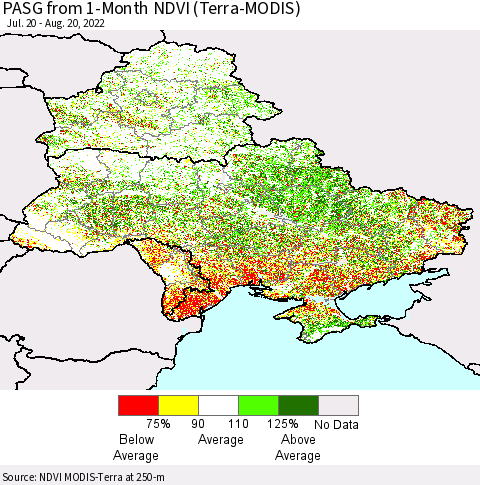 Ukraine, Moldova and Belarus PASG from 1-Month NDVI (Terra-MODIS) Thematic Map For 8/11/2022 - 8/20/2022