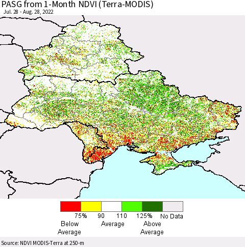 Ukraine, Moldova and Belarus PASG from 1-Month NDVI (Terra-MODIS) Thematic Map For 8/21/2022 - 8/28/2022