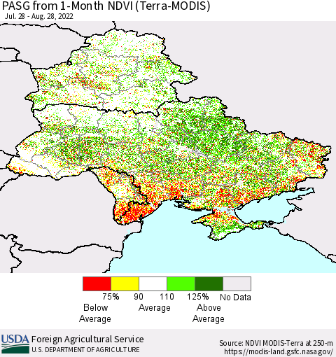 Ukraine, Moldova and Belarus PASG from 1-Month NDVI (Terra-MODIS) Thematic Map For 8/21/2022 - 8/31/2022