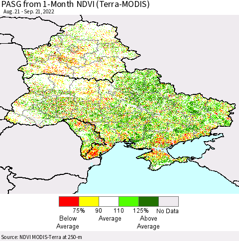 Ukraine, Moldova and Belarus PASG from 1-Month NDVI (Terra-MODIS) Thematic Map For 9/14/2022 - 9/21/2022