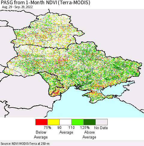 Ukraine, Moldova and Belarus PASG from 1-Month NDVI (Terra-MODIS) Thematic Map For 9/22/2022 - 9/29/2022