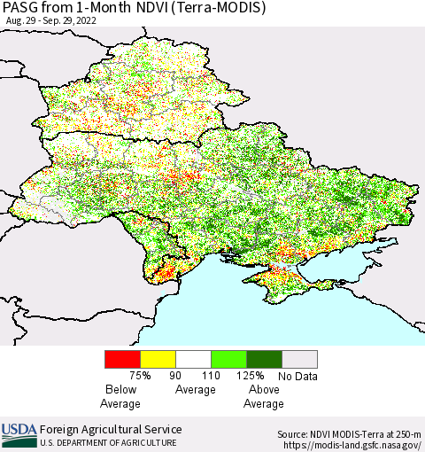 Ukraine, Moldova and Belarus PASG from 1-Month NDVI (Terra-MODIS) Thematic Map For 9/21/2022 - 9/30/2022