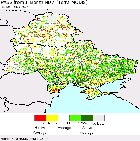 Ukraine, Moldova and Belarus PASG from 1-Month NDVI (Terra-MODIS) Thematic Map For 9/30/2022 - 10/7/2022