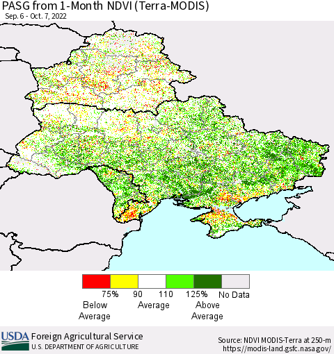 Ukraine, Moldova and Belarus PASG from 1-Month NDVI (Terra-MODIS) Thematic Map For 10/1/2022 - 10/10/2022