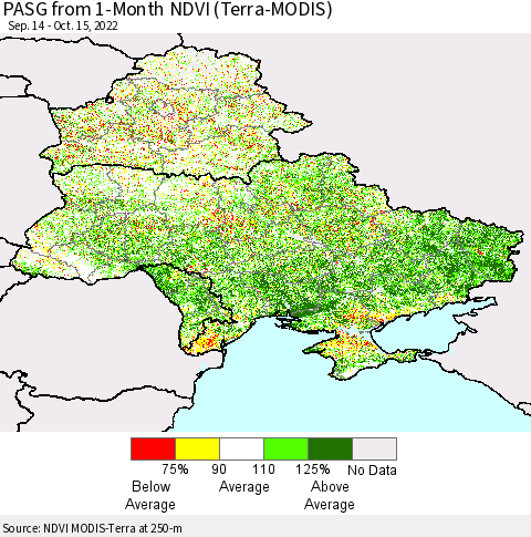 Ukraine, Moldova and Belarus PASG from 1-Month NDVI (Terra-MODIS) Thematic Map For 10/8/2022 - 10/15/2022
