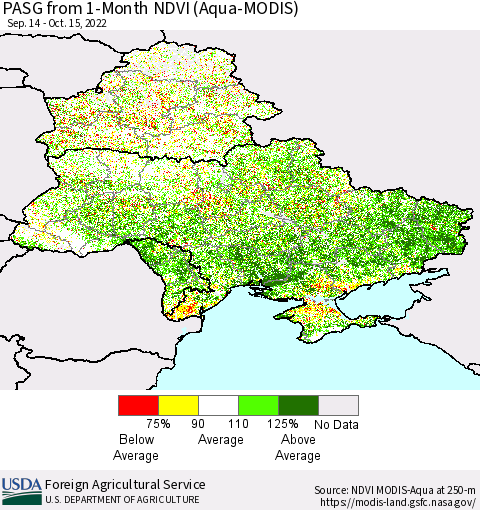 Ukraine, Moldova and Belarus PASG from 1-Month NDVI (Terra-MODIS) Thematic Map For 10/11/2022 - 10/20/2022