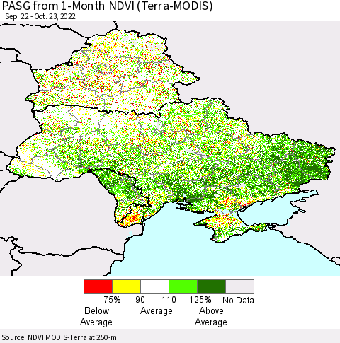 Ukraine, Moldova and Belarus PASG from 1-Month NDVI (Terra-MODIS) Thematic Map For 10/16/2022 - 10/23/2022