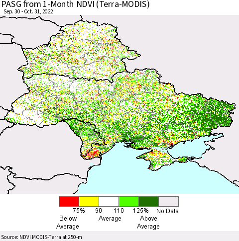 Ukraine, Moldova and Belarus PASG from 1-Month NDVI (Terra-MODIS) Thematic Map For 10/21/2022 - 10/31/2022