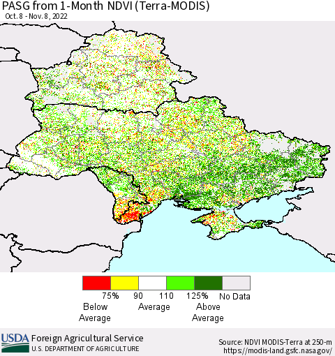 Ukraine, Moldova and Belarus PASG from 1-Month NDVI (Terra-MODIS) Thematic Map For 11/1/2022 - 11/10/2022