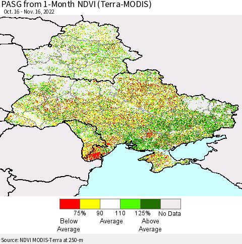 Ukraine, Moldova and Belarus PASG from 1-Month NDVI (Terra-MODIS) Thematic Map For 11/9/2022 - 11/16/2022