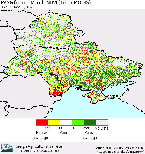 Ukraine, Moldova and Belarus PASG from 1-Month NDVI (Terra-MODIS) Thematic Map For 11/11/2022 - 11/20/2022