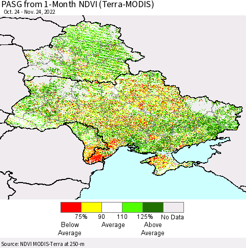 Ukraine, Moldova and Belarus PASG from 1-Month NDVI (Terra-MODIS) Thematic Map For 11/17/2022 - 11/24/2022
