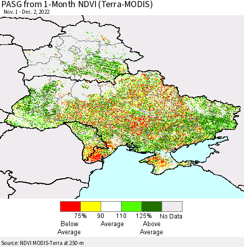 Ukraine, Moldova and Belarus PASG from 1-Month NDVI (Terra-MODIS) Thematic Map For 11/25/2022 - 12/2/2022