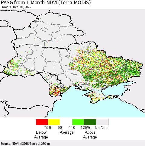 Ukraine, Moldova and Belarus PASG from 1-Month NDVI (Terra-MODIS) Thematic Map For 12/3/2022 - 12/10/2022