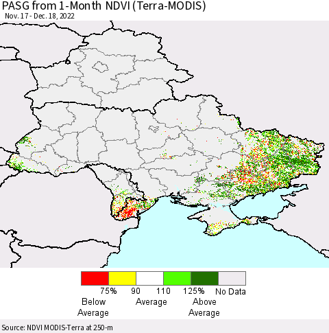 Ukraine, Moldova and Belarus PASG from 1-Month NDVI (Terra-MODIS) Thematic Map For 12/11/2022 - 12/18/2022