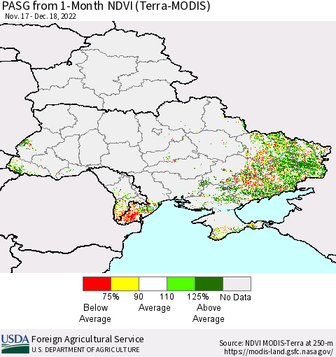 Ukraine, Moldova and Belarus PASG from 1-Month NDVI (Terra-MODIS) Thematic Map For 12/11/2022 - 12/20/2022