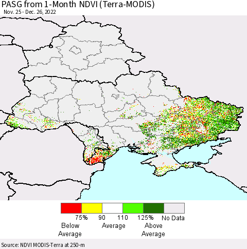 Ukraine, Moldova and Belarus PASG from 1-Month NDVI (Terra-MODIS) Thematic Map For 12/19/2022 - 12/26/2022