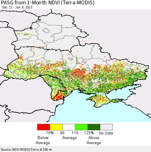 Ukraine, Moldova and Belarus PASG from 1-Month NDVI (Terra-MODIS) Thematic Map For 1/1/2023 - 1/8/2023