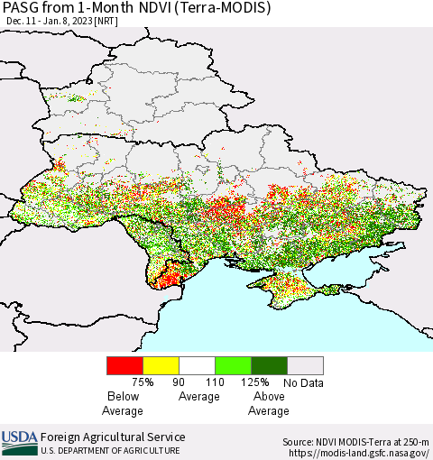 Ukraine, Moldova and Belarus PASG from 1-Month NDVI (Terra-MODIS) Thematic Map For 1/1/2023 - 1/10/2023