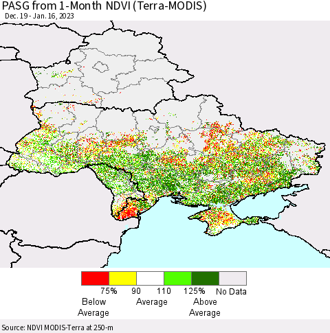 Ukraine, Moldova and Belarus PASG from 1-Month NDVI (Terra-MODIS) Thematic Map For 1/9/2023 - 1/16/2023