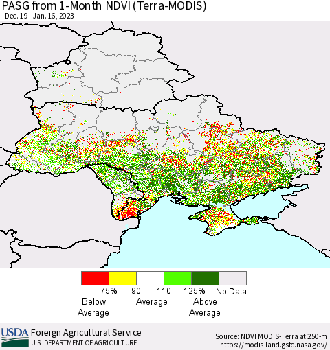 Ukraine, Moldova and Belarus PASG from 1-Month NDVI (Terra-MODIS) Thematic Map For 1/11/2023 - 1/20/2023