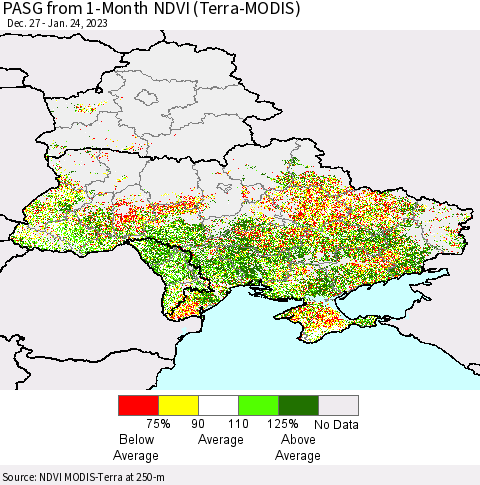 Ukraine, Moldova and Belarus PASG from 1-Month NDVI (Terra-MODIS) Thematic Map For 1/17/2023 - 1/24/2023