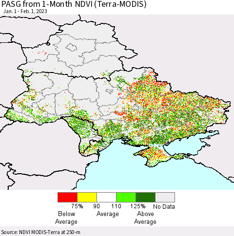 Ukraine, Moldova and Belarus PASG from 1-Month NDVI (Terra-MODIS) Thematic Map For 1/25/2023 - 2/1/2023