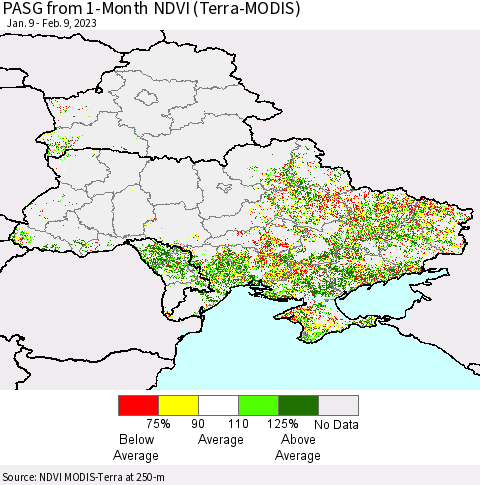 Ukraine, Moldova and Belarus PASG from 1-Month NDVI (Terra-MODIS) Thematic Map For 2/2/2023 - 2/9/2023