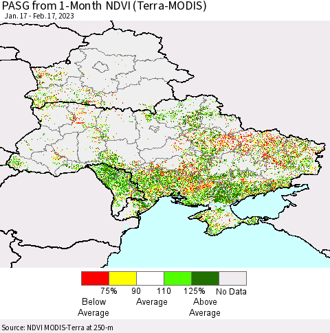 Ukraine, Moldova and Belarus PASG from 1-Month NDVI (Terra-MODIS) Thematic Map For 2/10/2023 - 2/17/2023