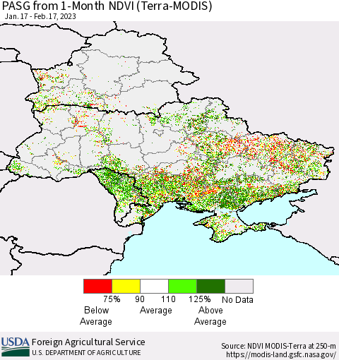 Ukraine, Moldova and Belarus PASG from 1-Month NDVI (Terra-MODIS) Thematic Map For 2/11/2023 - 2/20/2023