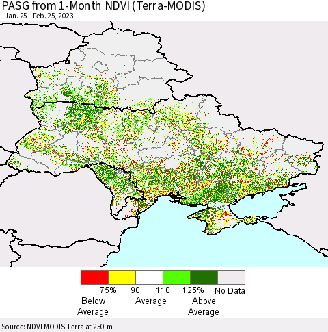 Ukraine, Moldova and Belarus PASG from 1-Month NDVI (Terra-MODIS) Thematic Map For 2/18/2023 - 2/25/2023