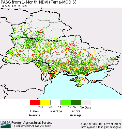 Ukraine, Moldova and Belarus PASG from 1-Month NDVI (Terra-MODIS) Thematic Map For 2/21/2023 - 2/28/2023