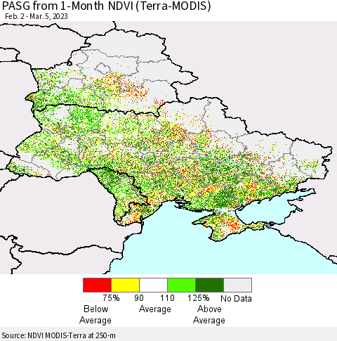 Ukraine, Moldova and Belarus PASG from 1-Month NDVI (Terra-MODIS) Thematic Map For 2/26/2023 - 3/5/2023