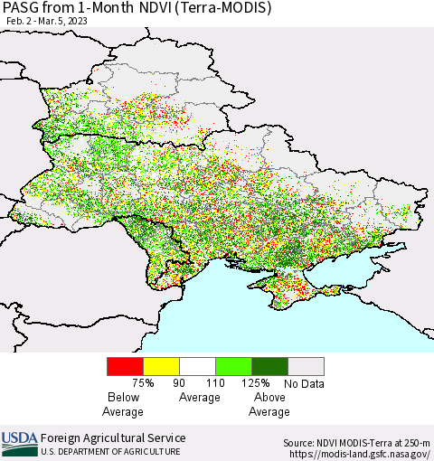 Ukraine, Moldova and Belarus PASG from 1-Month NDVI (Terra-MODIS) Thematic Map For 3/1/2023 - 3/10/2023