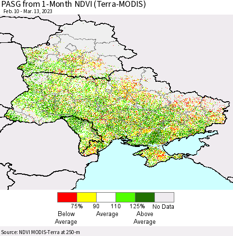 Ukraine, Moldova and Belarus PASG from 1-Month NDVI (Terra-MODIS) Thematic Map For 3/6/2023 - 3/13/2023