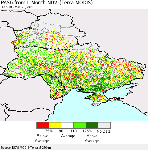 Ukraine, Moldova and Belarus PASG from 1-Month NDVI (Terra-MODIS) Thematic Map For 3/14/2023 - 3/21/2023