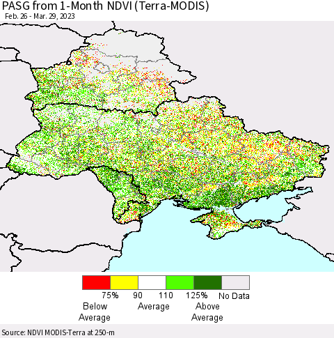 Ukraine, Moldova and Belarus PASG from 1-Month NDVI (Terra-MODIS) Thematic Map For 3/22/2023 - 3/29/2023