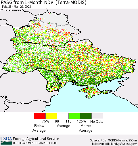 Ukraine, Moldova and Belarus PASG from 1-Month NDVI (Terra-MODIS) Thematic Map For 3/21/2023 - 3/31/2023