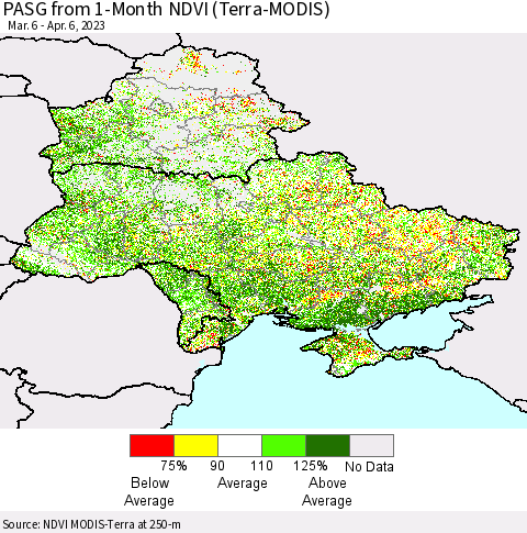 Ukraine, Moldova and Belarus PASG from 1-Month NDVI (Terra-MODIS) Thematic Map For 3/30/2023 - 4/6/2023