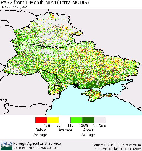 Ukraine, Moldova and Belarus PASG from 1-Month NDVI (Terra-MODIS) Thematic Map For 4/1/2023 - 4/10/2023