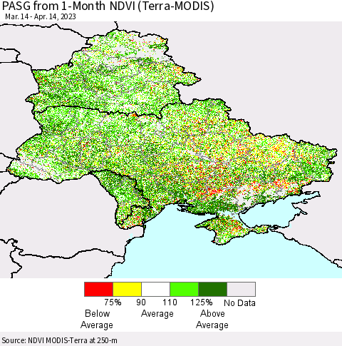 Ukraine, Moldova and Belarus PASG from 1-Month NDVI (Terra-MODIS) Thematic Map For 4/7/2023 - 4/14/2023