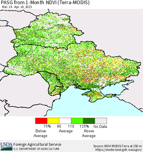 Ukraine, Moldova and Belarus PASG from 1-Month NDVI (Terra-MODIS) Thematic Map For 4/11/2023 - 4/20/2023