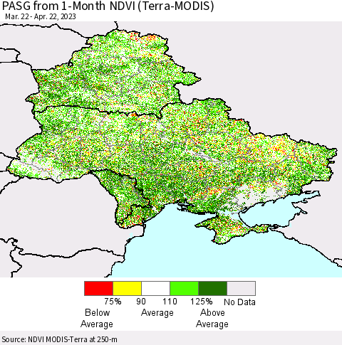 Ukraine, Moldova and Belarus PASG from 1-Month NDVI (Terra-MODIS) Thematic Map For 4/15/2023 - 4/22/2023