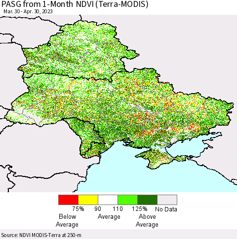 Ukraine, Moldova and Belarus PASG from 1-Month NDVI (Terra-MODIS) Thematic Map For 4/21/2023 - 4/30/2023