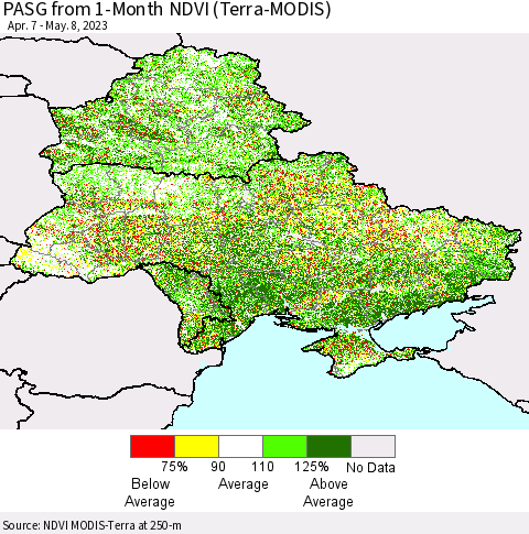 Ukraine, Moldova and Belarus PASG from 1-Month NDVI (Terra-MODIS) Thematic Map For 5/1/2023 - 5/8/2023