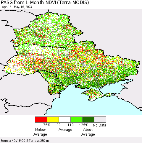 Ukraine, Moldova and Belarus PASG from 1-Month NDVI (Terra-MODIS) Thematic Map For 5/9/2023 - 5/16/2023