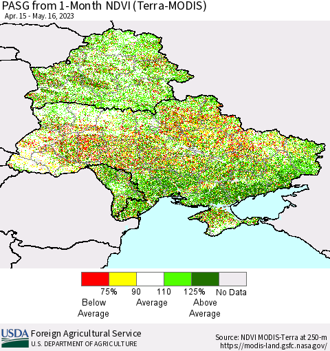 Ukraine, Moldova and Belarus PASG from 1-Month NDVI (Terra-MODIS) Thematic Map For 5/11/2023 - 5/20/2023